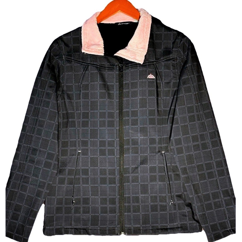 Snozu Womens Stretch-O-Rama‎ Softshell Jacket Black Grid Pink Fur Collar Size M